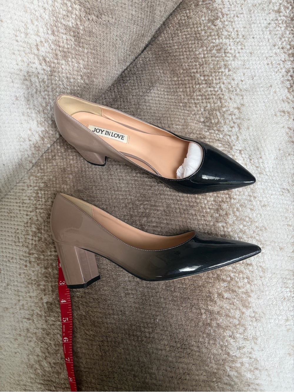Two-Tone Black and Taupe Patent Pointed Toe Heel. New. Never worn.